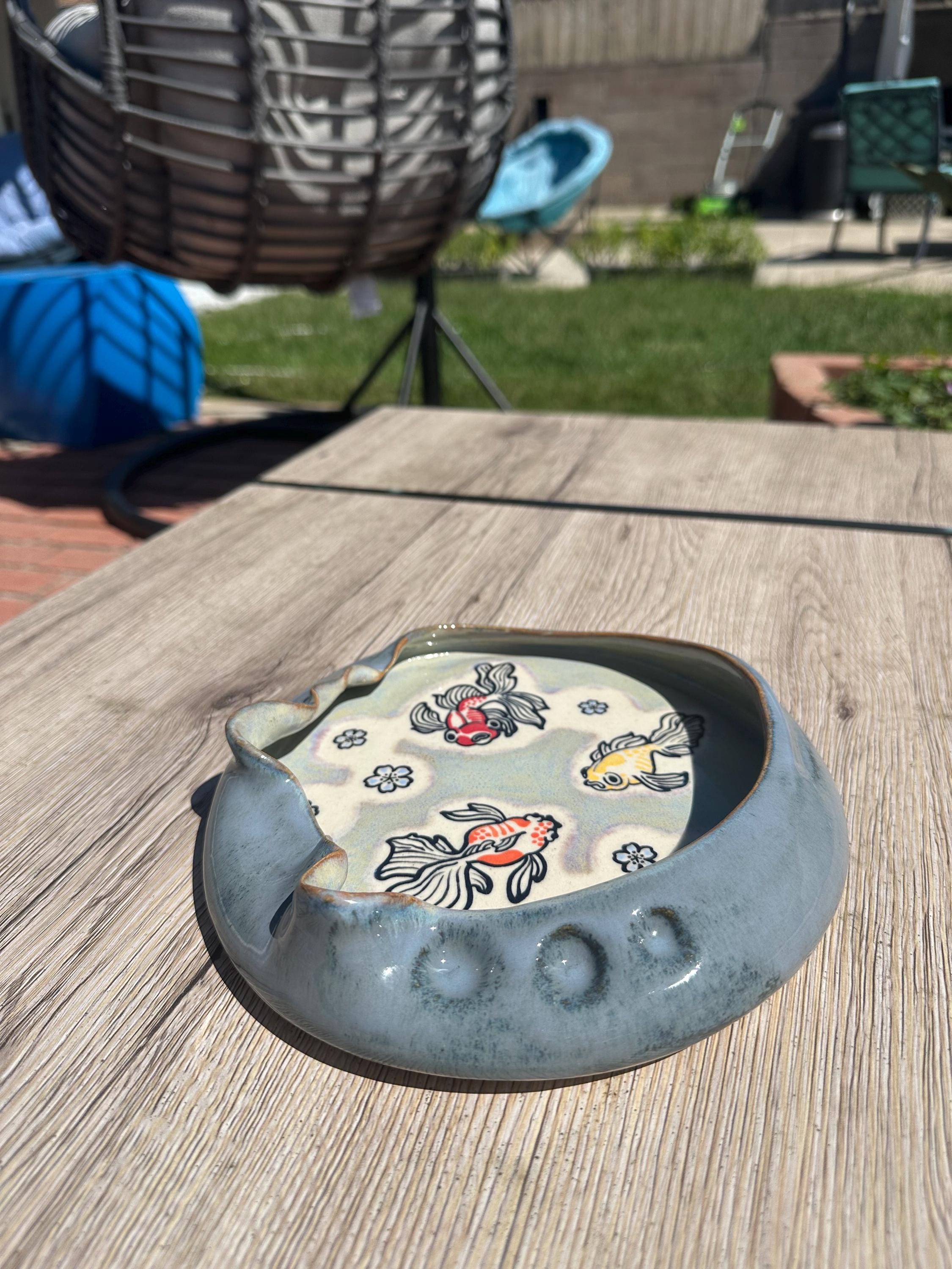 Wheelthrown Ceramic Bowl: Whimsical Fish Go Blub Blub Blub