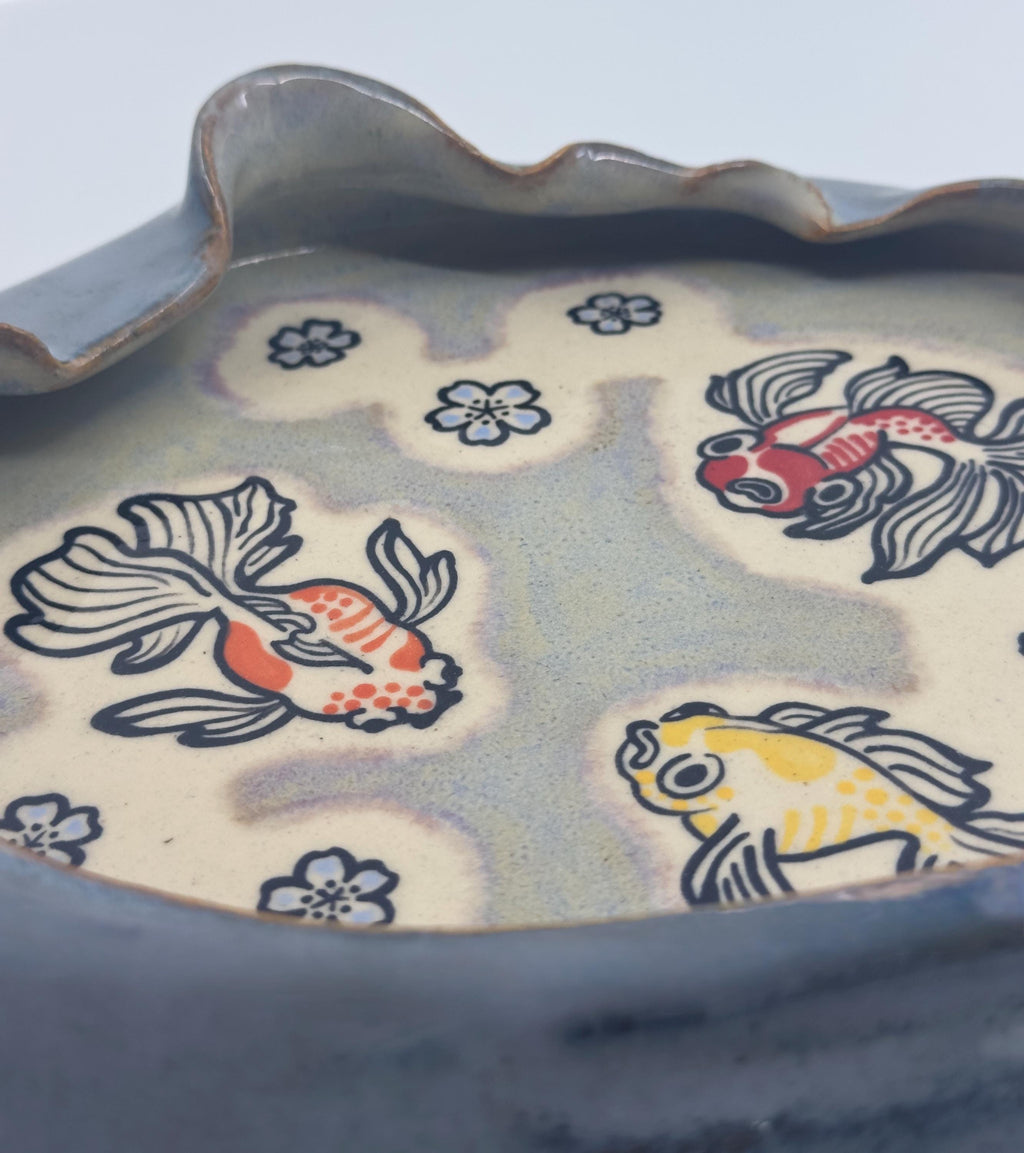 Wheelthrown Ceramic Bowl: Whimsical Fish Go Blub Blub Blub