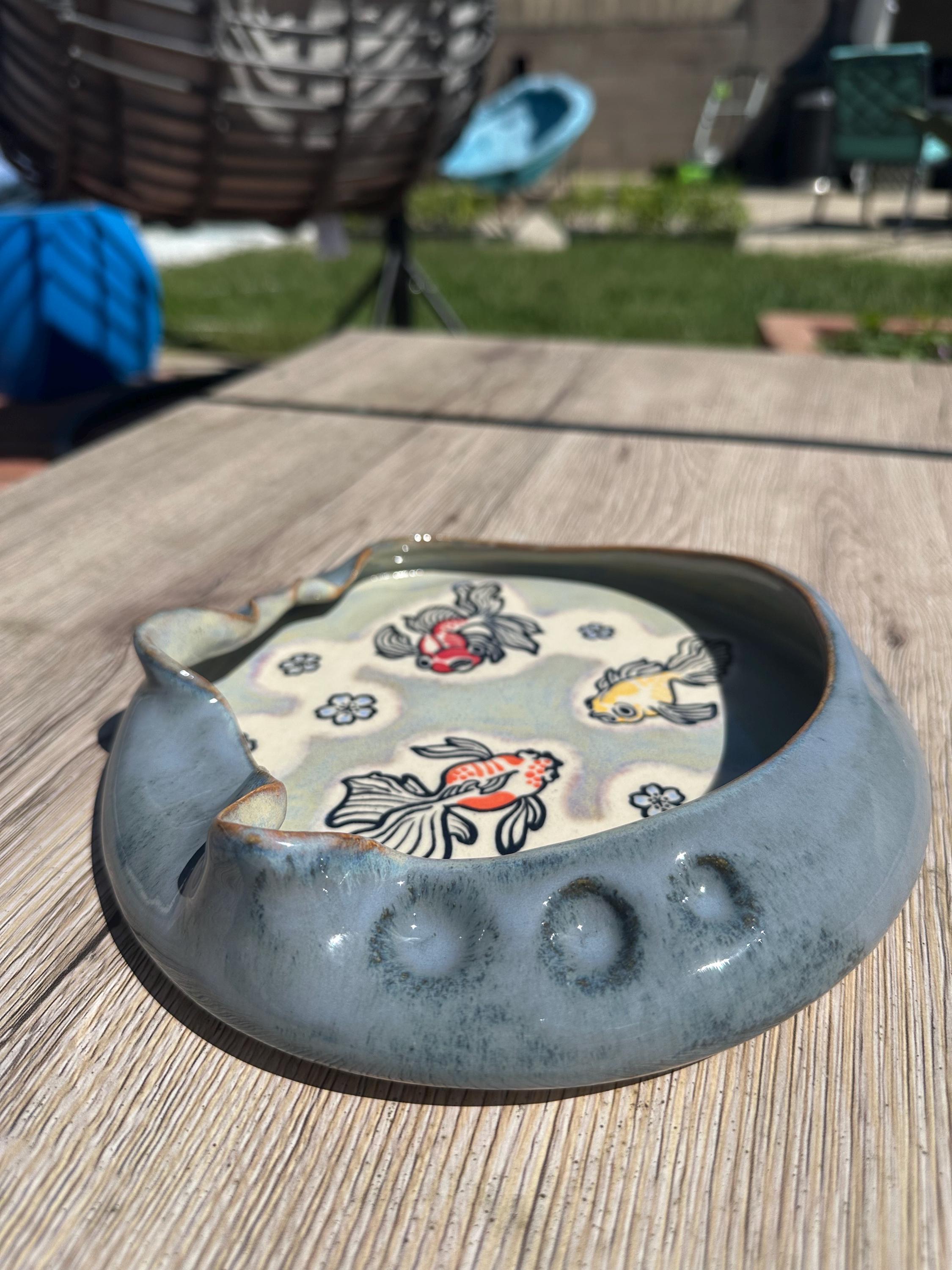 Wheelthrown Ceramic Bowl: Whimsical Fish Go Blub Blub Blub