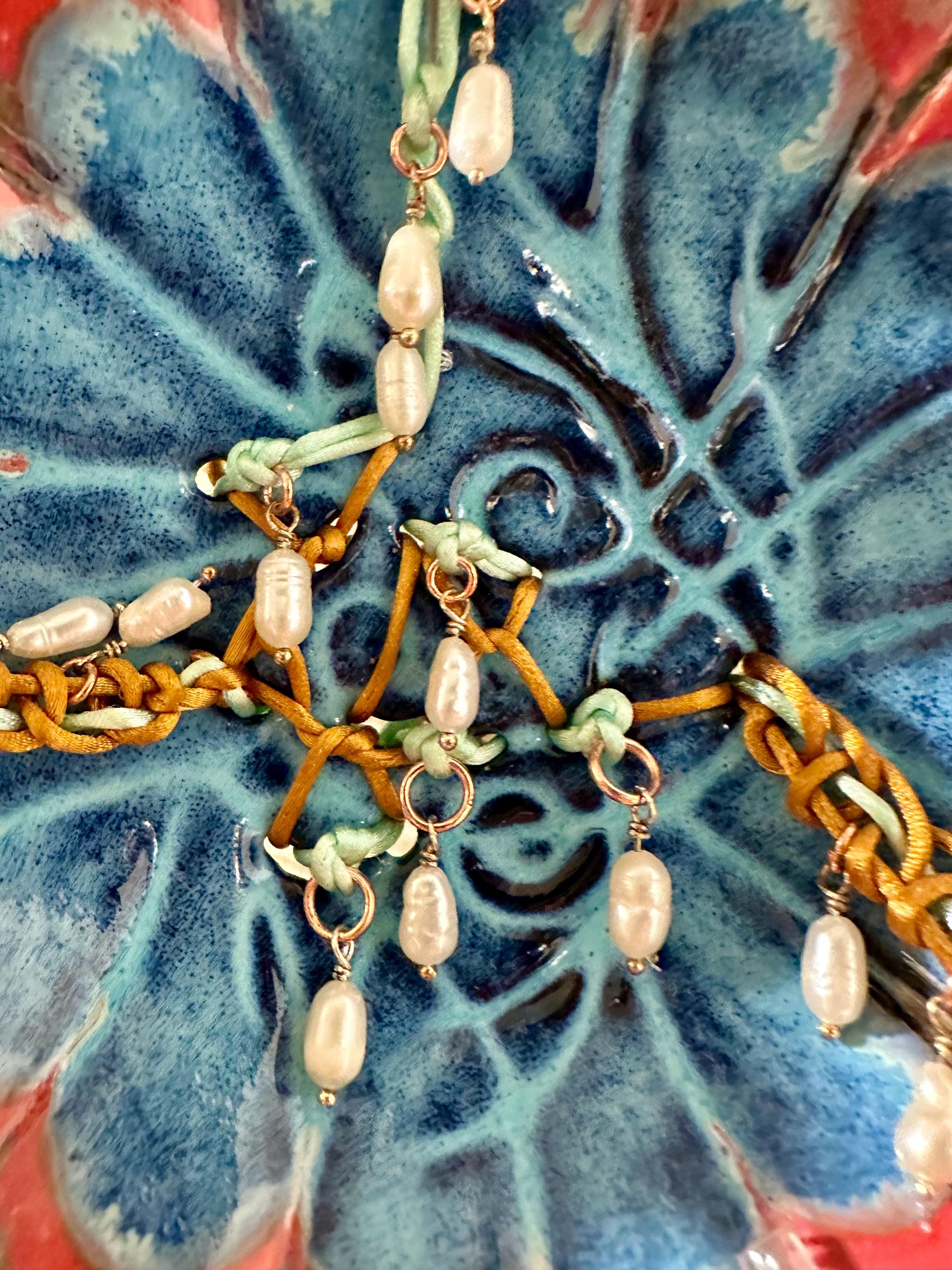 Petals and Pearls- multimedia ceramic art piece